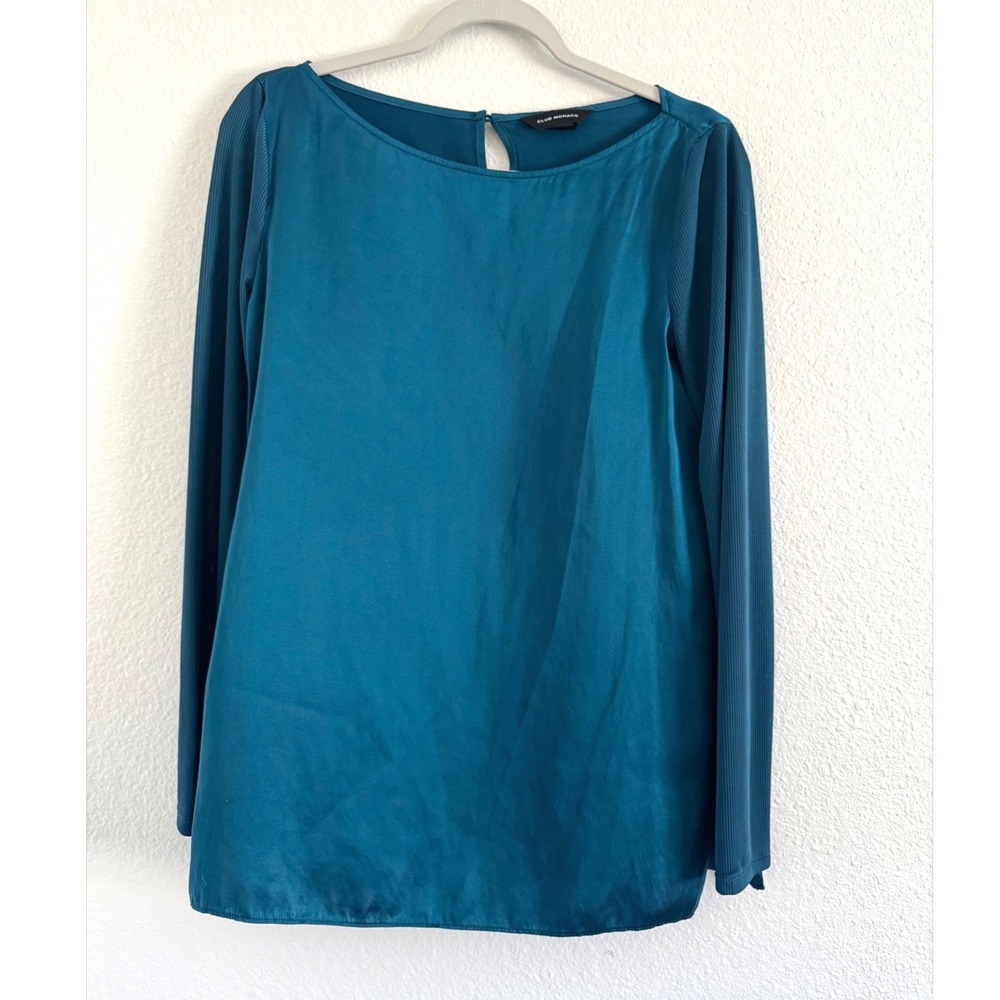 Club Monaco 100% Silk Ribbed Sleeve Teal Blue Boat Neck Medium Lagenlook
